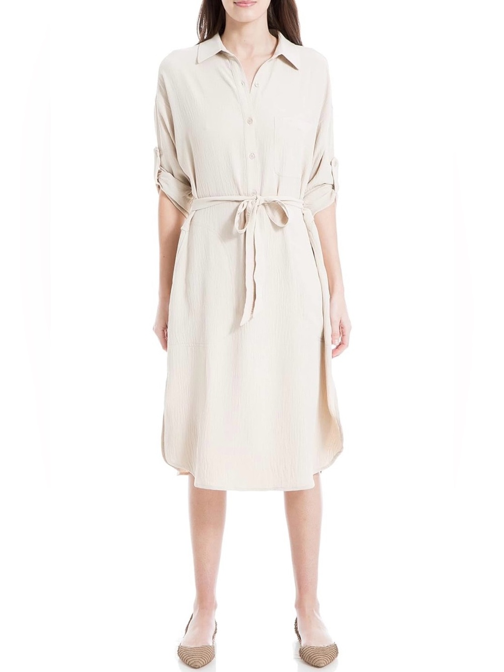 Max Studio Belted Long Shirt Dress in Taupe